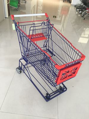 China 150 litros 4 peças plásticas chapeadas e vermelhas do zinco do trole da compra do supermercado da roda fábrica
