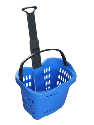 Cesto de compras plástico colorido do rolamento com rodas 55l, cestas plásticas do trole da compra